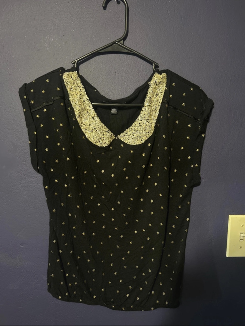 Black Star Print Top With Gold Sequin Details